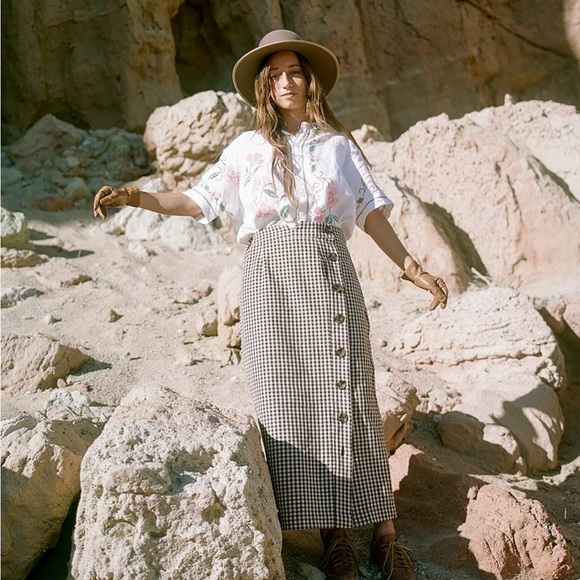 Brown Gingham Button-Down Skirt - Picture 1 of 7